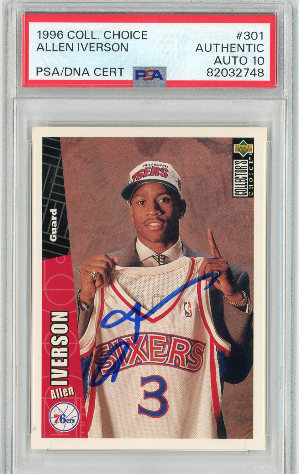 Graded 1996 Upper Deck UD Collector's Choice Allen Iverson #301 Rookie RC Basketball Card PSA 10 Auto Grade Gem Mint