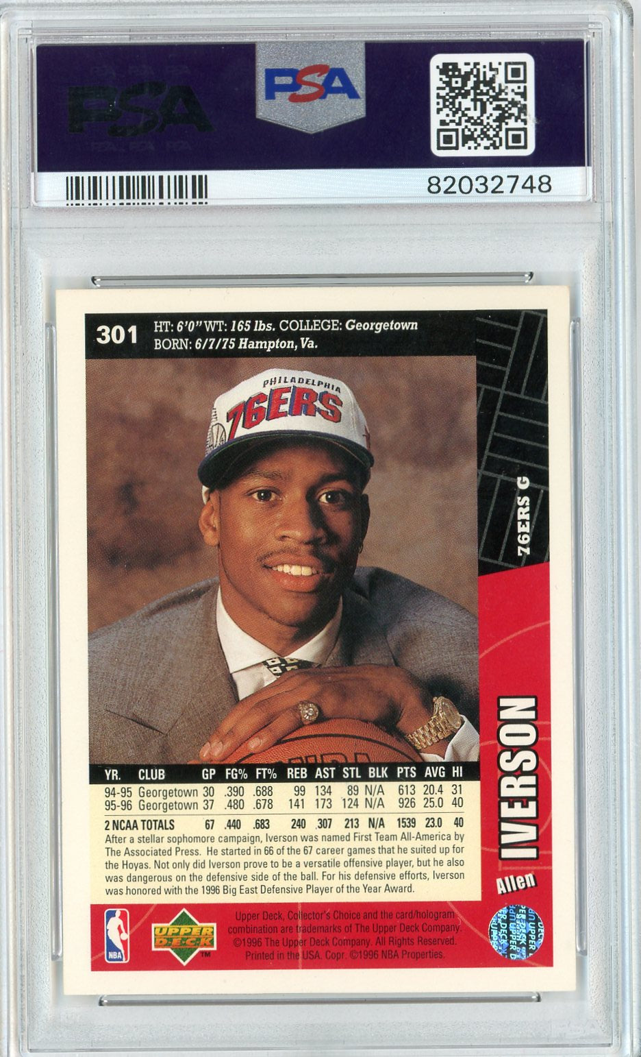Graded 1996 Upper Deck UD Collector's Choice Allen Iverson #301 Rookie RC Basketball Card PSA 10 Auto Grade Gem Mint