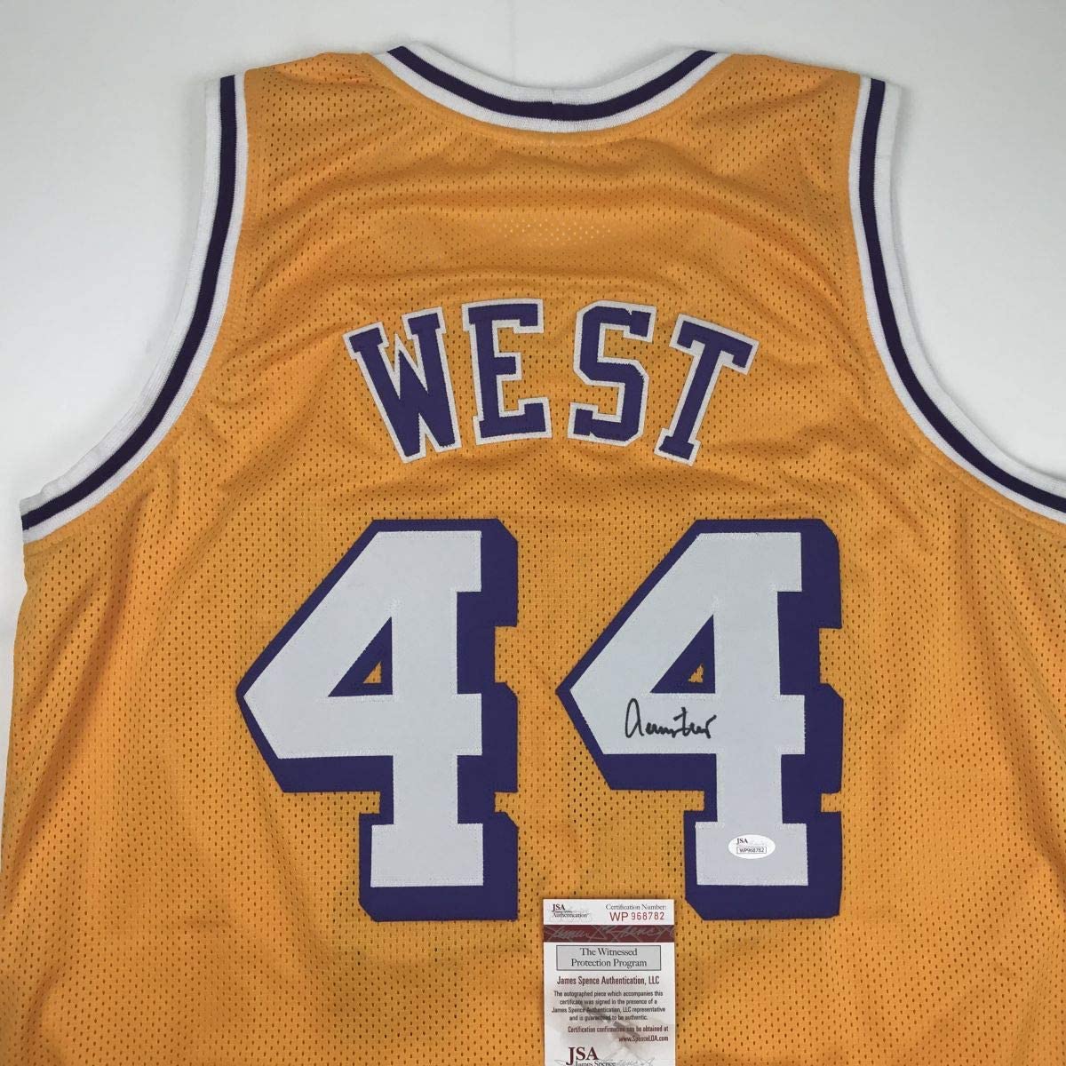 Autographed/Signed Jerry West Los Angeles LA Yellow Basketball Jersey JSA COA