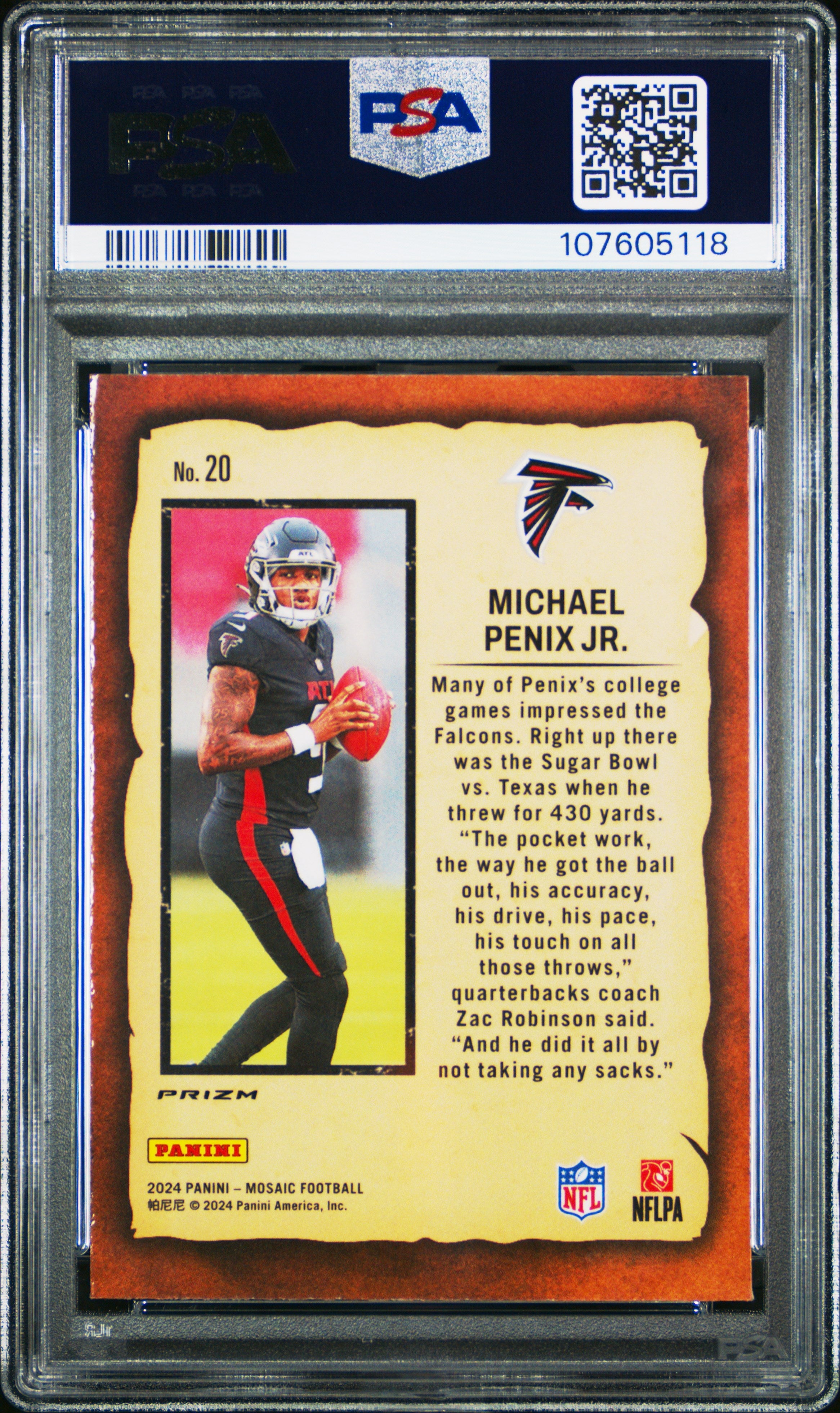 Graded 2024 Panini Mosaic Michael Penix Jr #20 Notoriety Mosaic Rookie RC Football Card PSA 10 Gem Mint