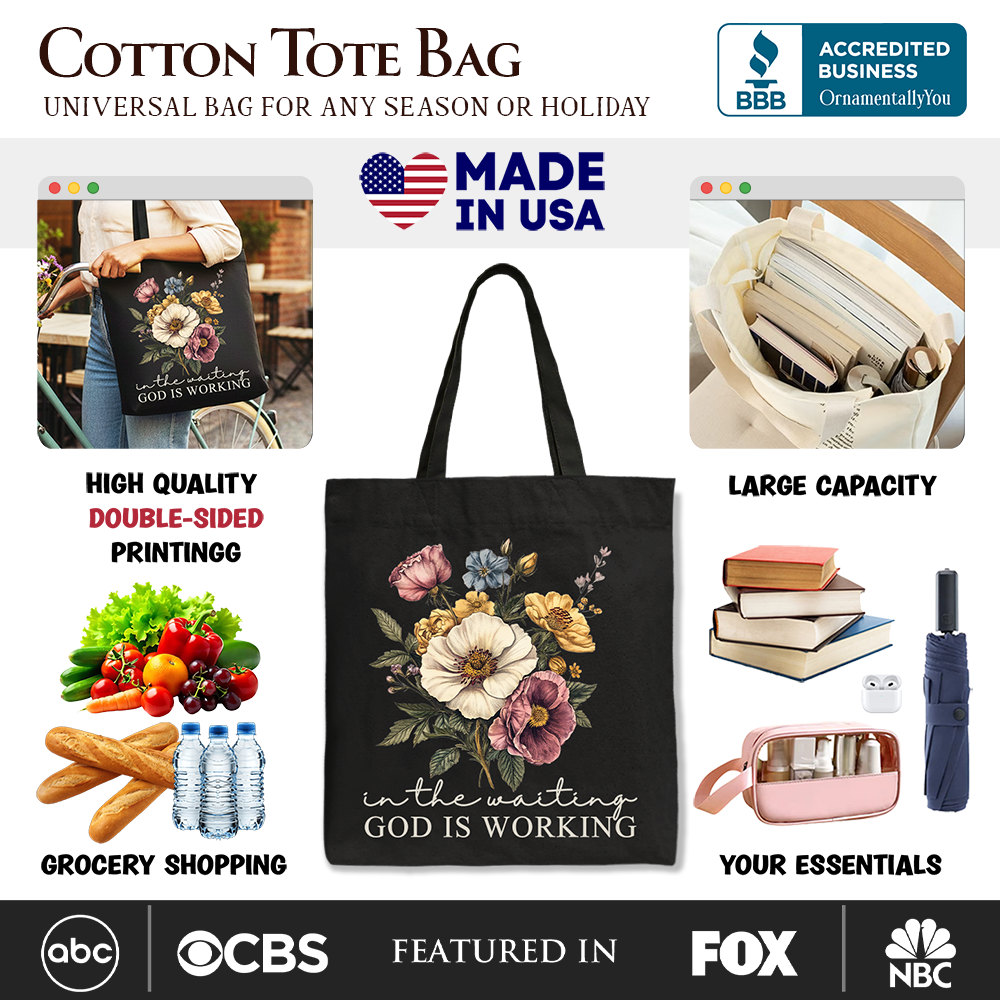 In the Waiting God Is Working Floral Christian Canvas Tote Bag, Vintage Wildflower Faith Gift Shopper