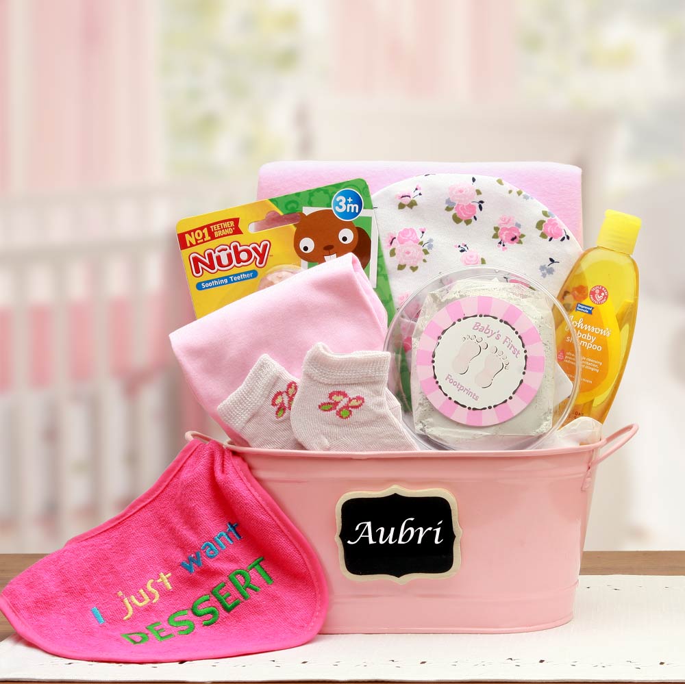 Baby Basics Gift Pail Pink-  baby girl gifts - new baby gift basket -