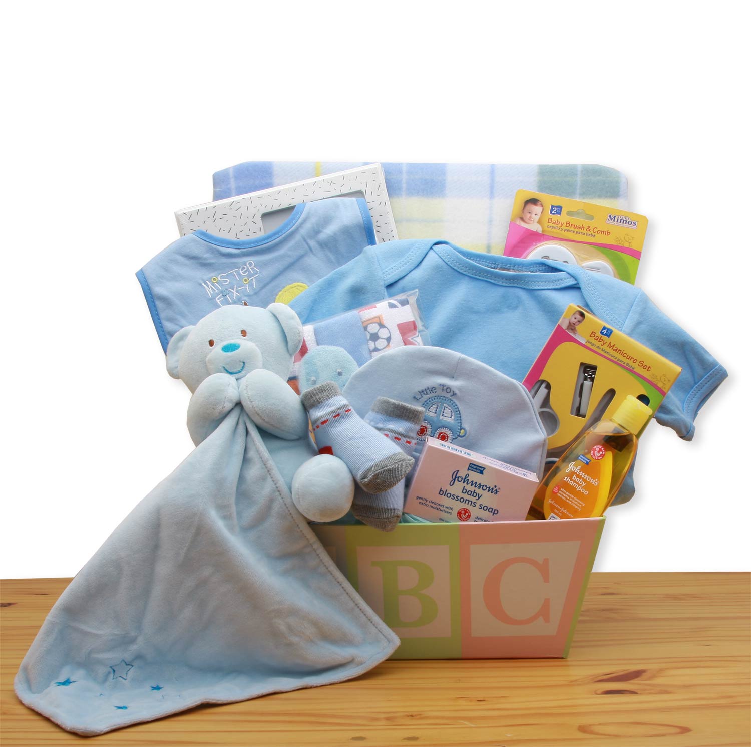 Easy as ABC New Baby Gift Basket - Blue-  baby boy gift basket - new