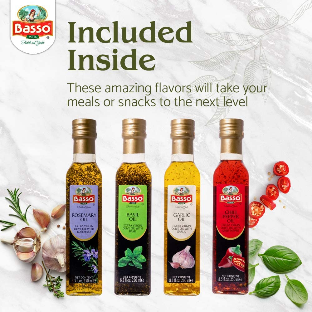 Basso 1904 Infused Extra Virgin Olive Oil Gift Set – Garlic, Chili Pepper, Rosemary, Basil – 4 x 8.5 fl oz (250 ml)