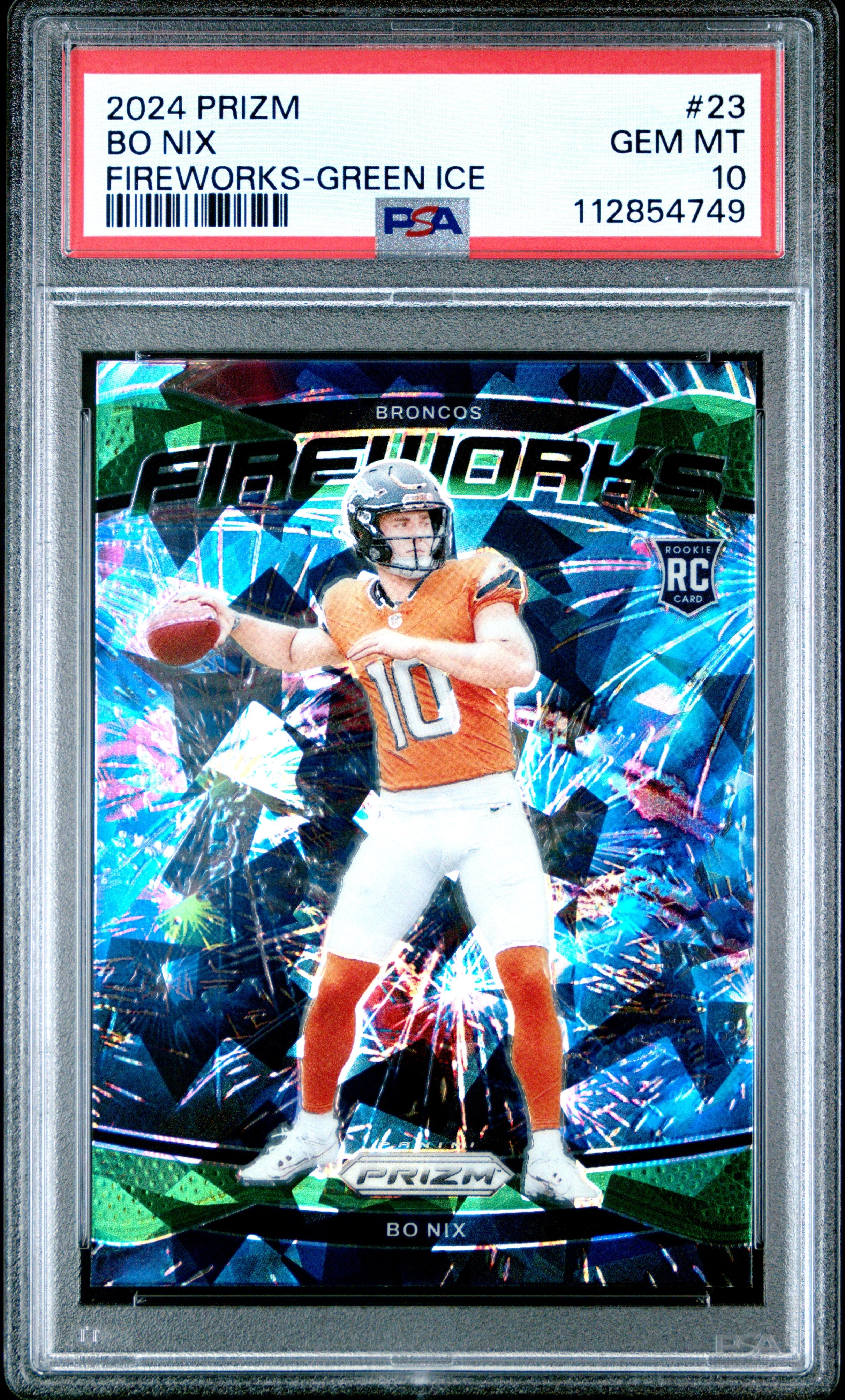 Graded 2024 Panini Prizm Bo Nix #23 Fireworks Green Ice Rookie RC Football Card PSA 10 Gem Mint