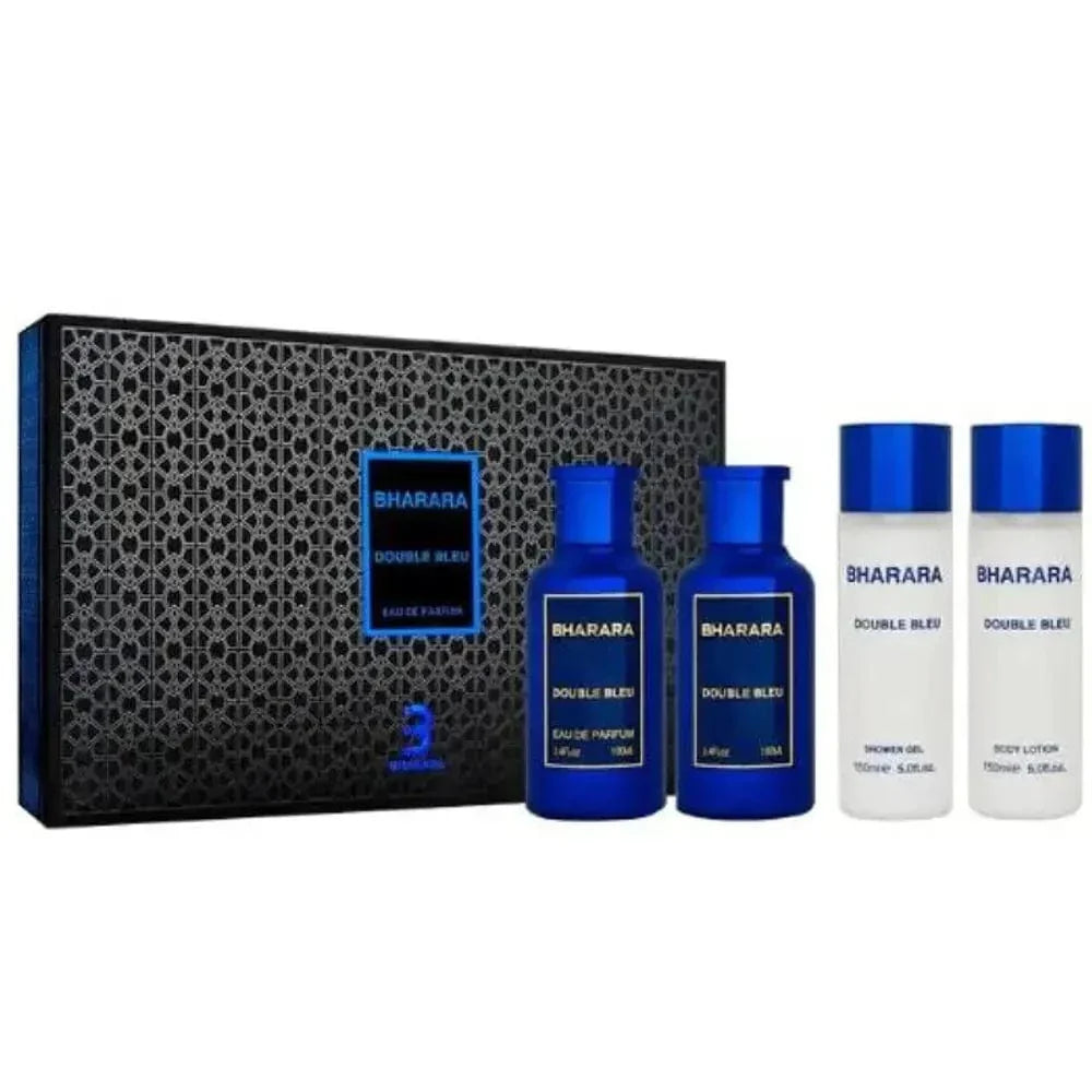 Double Bleu By Bharara Set 4 Pcs For Men EDP 3.4 oz After + Shave + Lotion + Gel