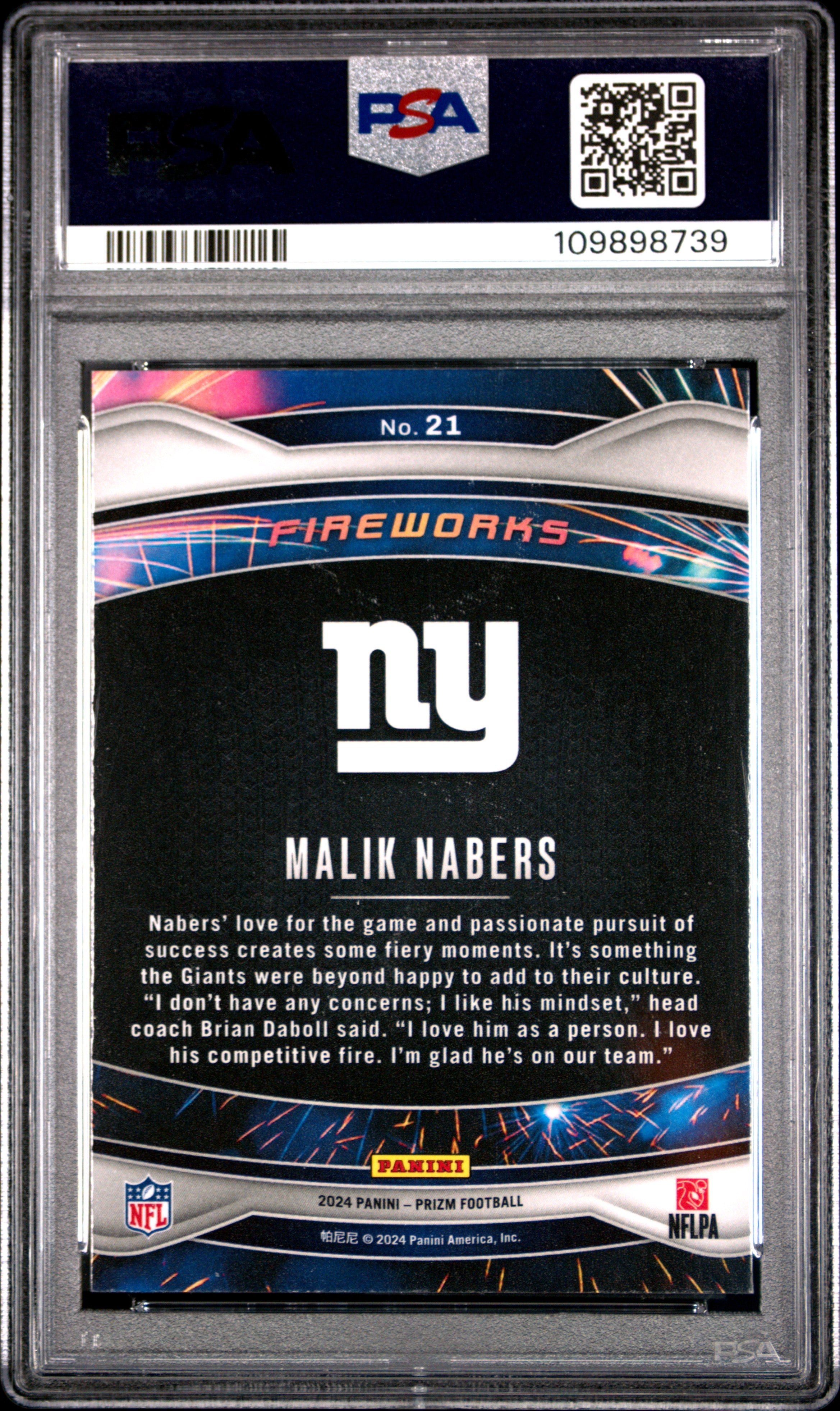 Graded 2024 Panini Prizm Malik Nabers #21 Fireworks Rookie RC Football Card PSA 10 Gem Mint