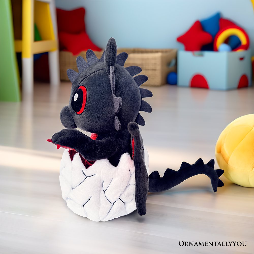 Drogo the Dino in an Egg Plushie, 12" Black and Red Dinosaur Stuffed Animal Gift for Boys and Teens