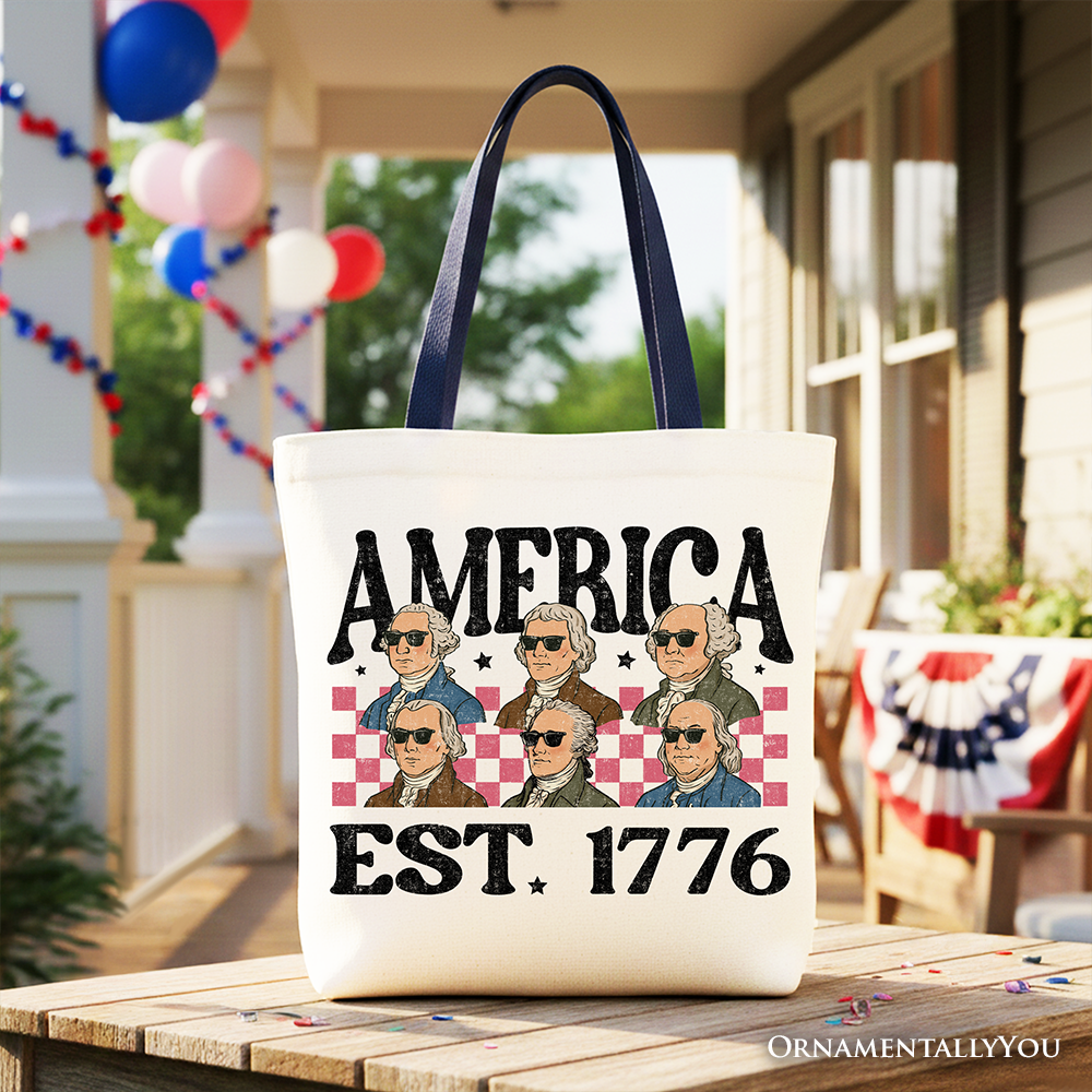 America Est 1776 Founding Fathers Vintage Canvas Tote Bag, Retro Patriotic Gift Shopper