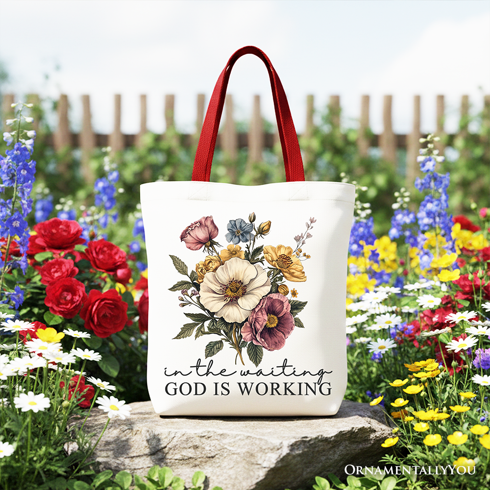 In the Waiting God Is Working Floral Christian Canvas Tote Bag, Vintage Wildflower Faith Gift Shopper