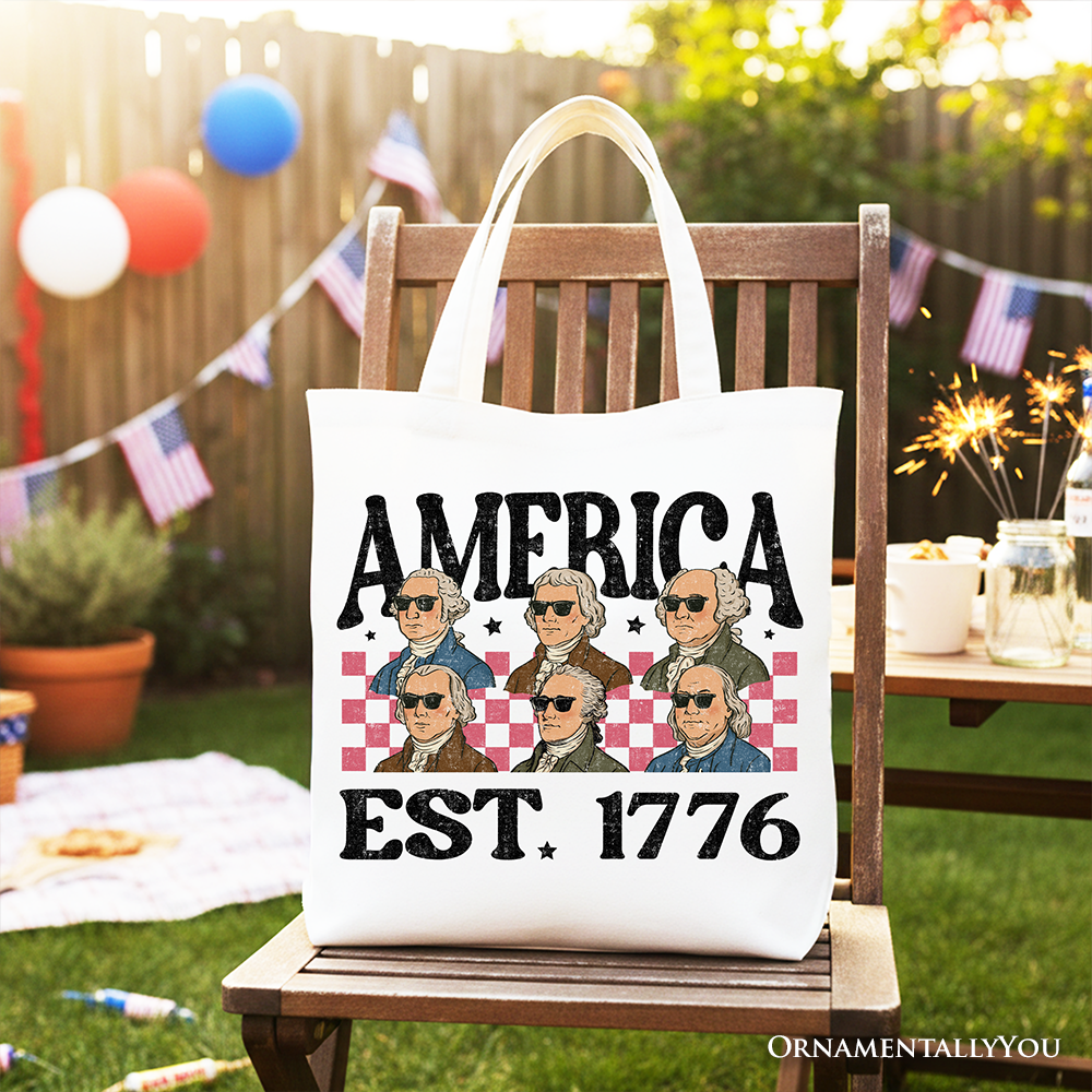 America Est 1776 Founding Fathers Vintage Canvas Tote Bag, Retro Patriotic Gift Shopper