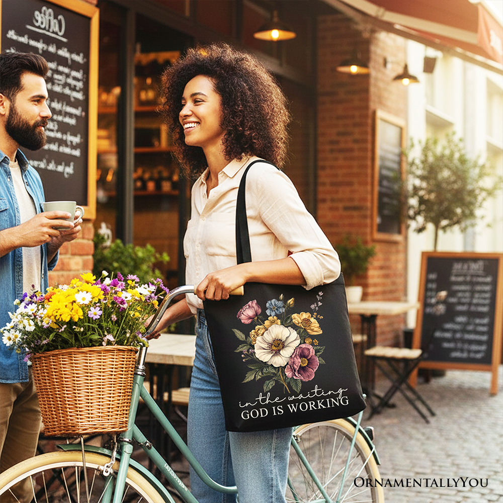 In the Waiting God Is Working Floral Christian Canvas Tote Bag, Vintage Wildflower Faith Gift Shopper