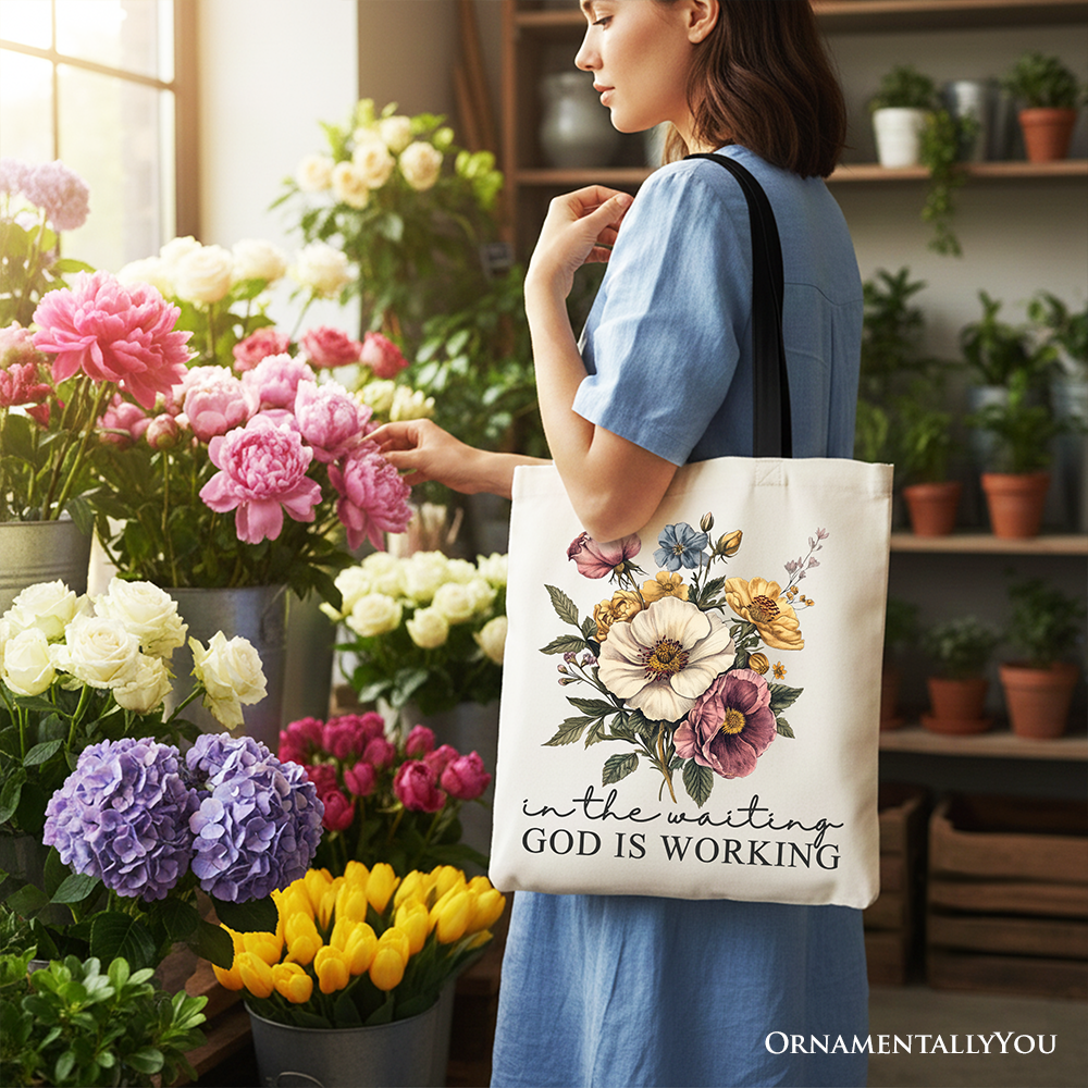 In the Waiting God Is Working Floral Christian Canvas Tote Bag, Vintage Wildflower Faith Gift Shopper