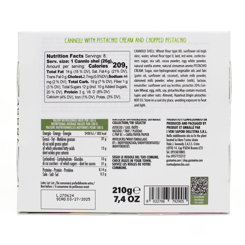 Gusto Etna, Sicilian 8 pcs Cannoli filled with Pistachio Cream Gift Box
