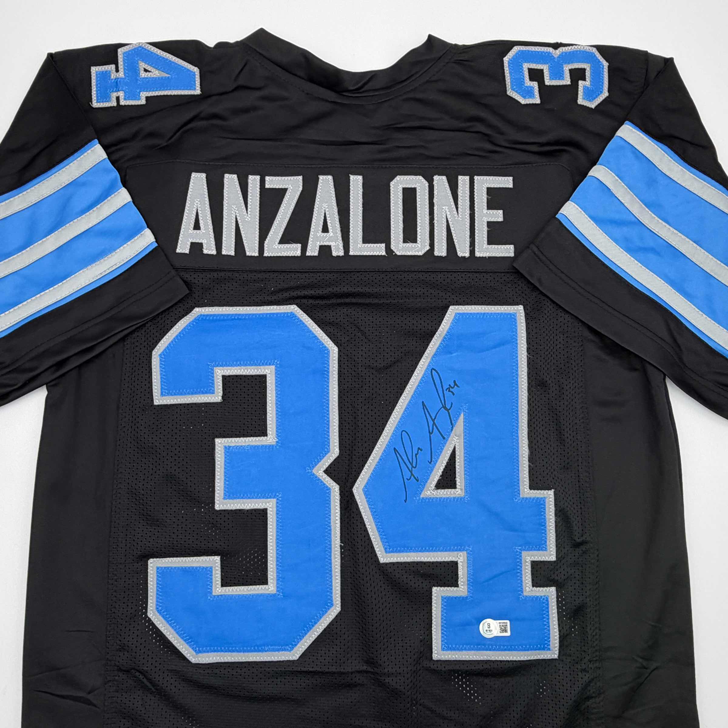 Autographed/Signed Alex Anzalone Detroit Black Football Jersey Beckett BAS COA