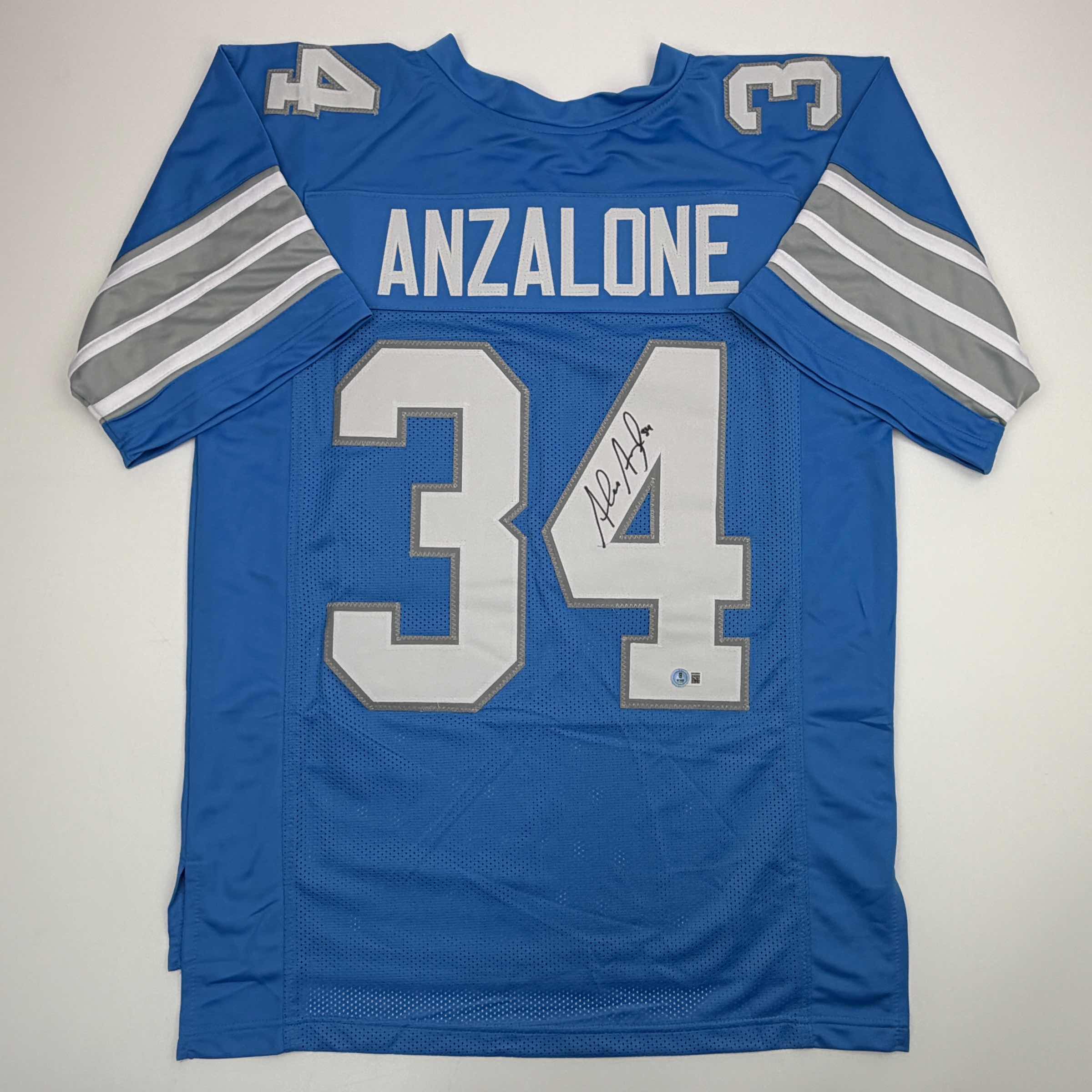 Autographed/Signed Alex Anzalone Detroit Blue Football Jersey Beckett BAS COA