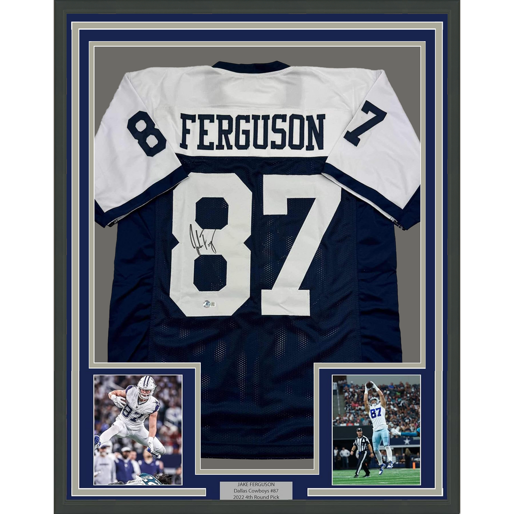 Framed Autographed/Signed Jake Ferguson 33x42 Dallas Thanksgiving Football Jersey Beckett BAS COA