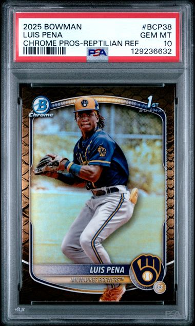 Graded 2025 Topps Bowman Luis Pena #BCP38 Chrome Prospects Reptilian Refractor Rookie RC Baseball Card PSA 10 Gem Mint