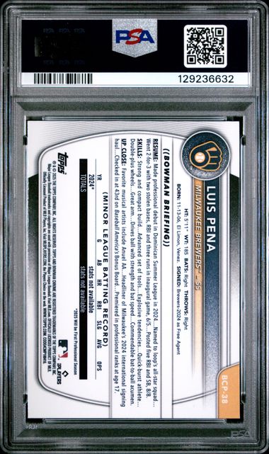 Graded 2025 Topps Bowman Luis Pena #BCP38 Chrome Prospects Reptilian Refractor Rookie RC Baseball Card PSA 10 Gem Mint