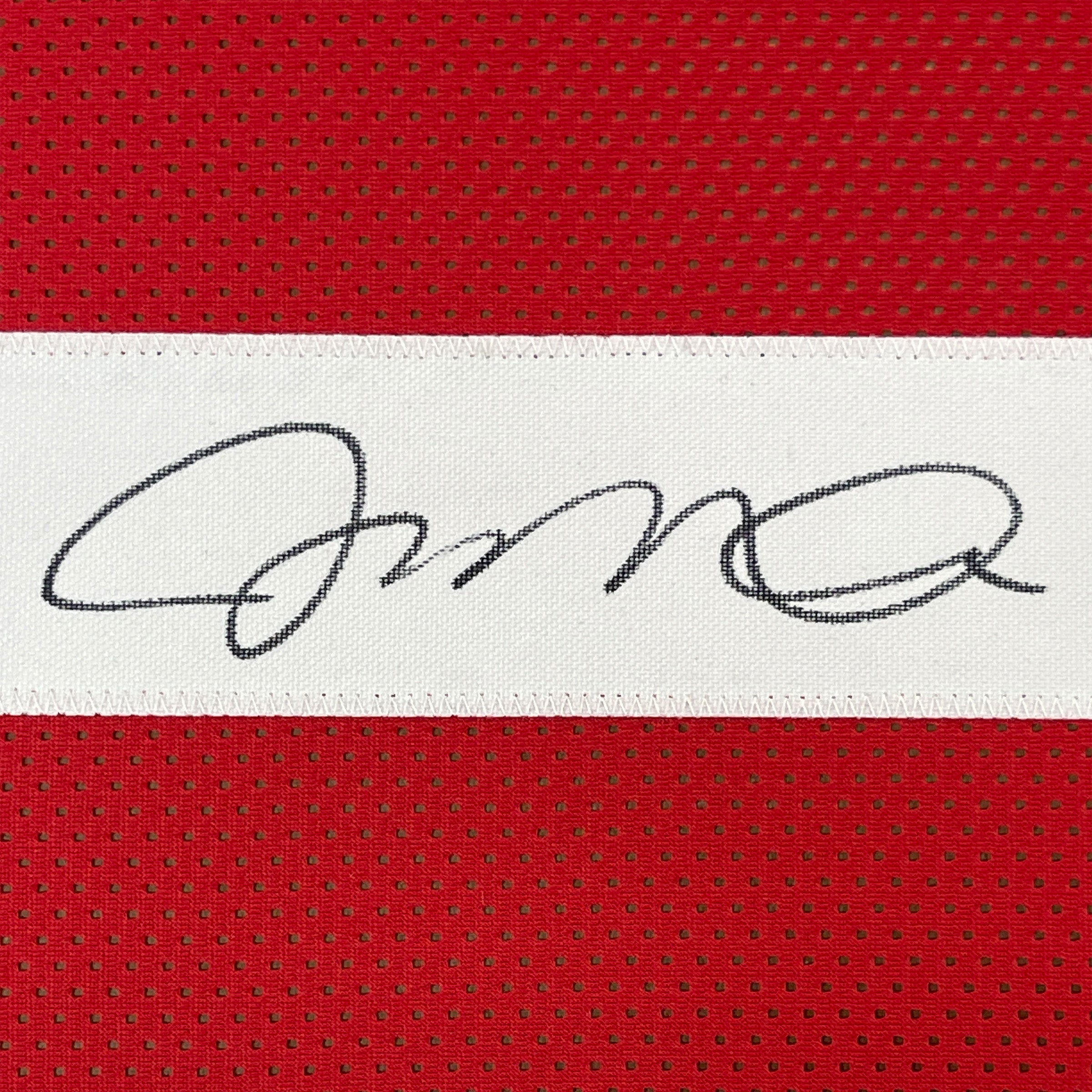 Framed Autographed/Signed Joe Montana 35x39 San Francisco Red Football Jersey JSA COA