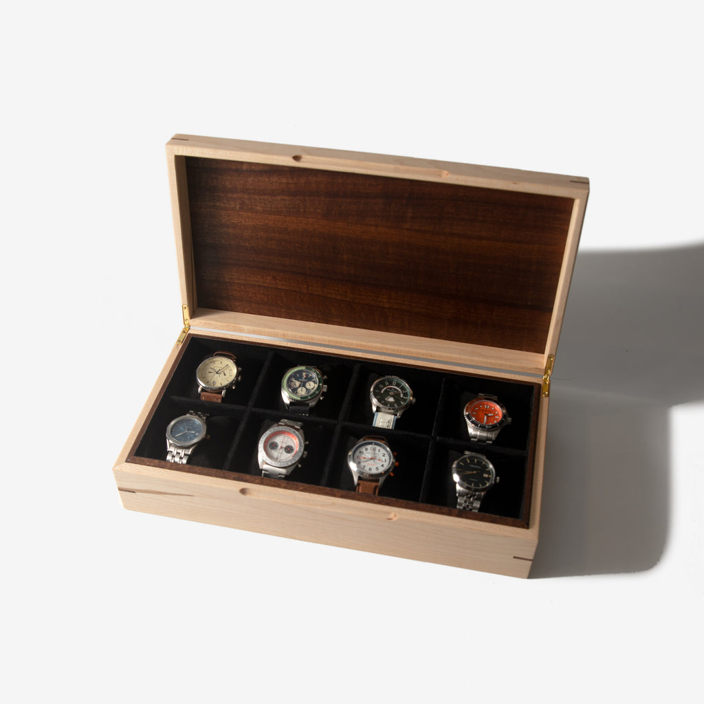Watch Box - Curly Maple and Sapele Mahogany - 8 Watch Compartments