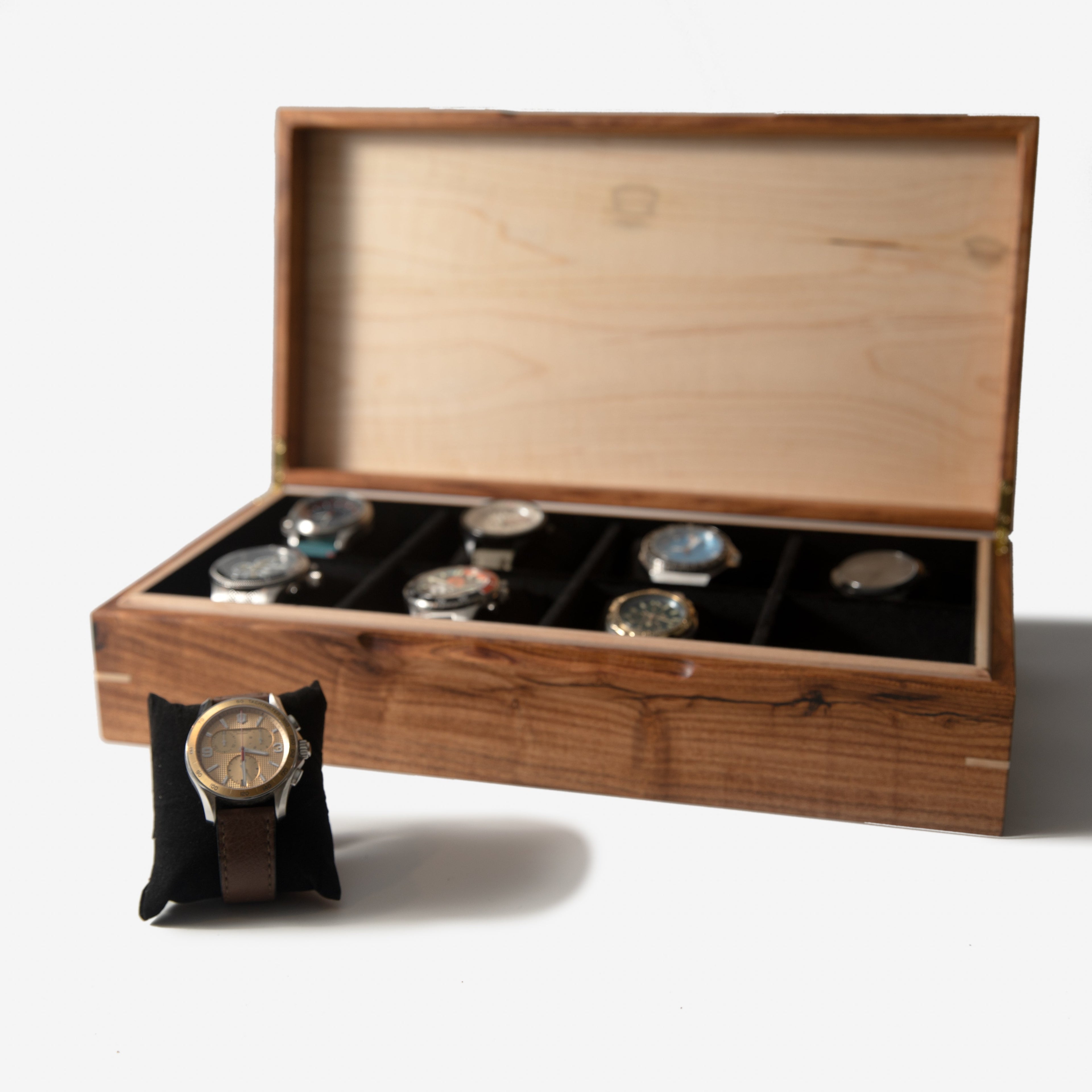 Watch Box - Desert Mesquite and Curly Maple - 8 Watch Compartments
