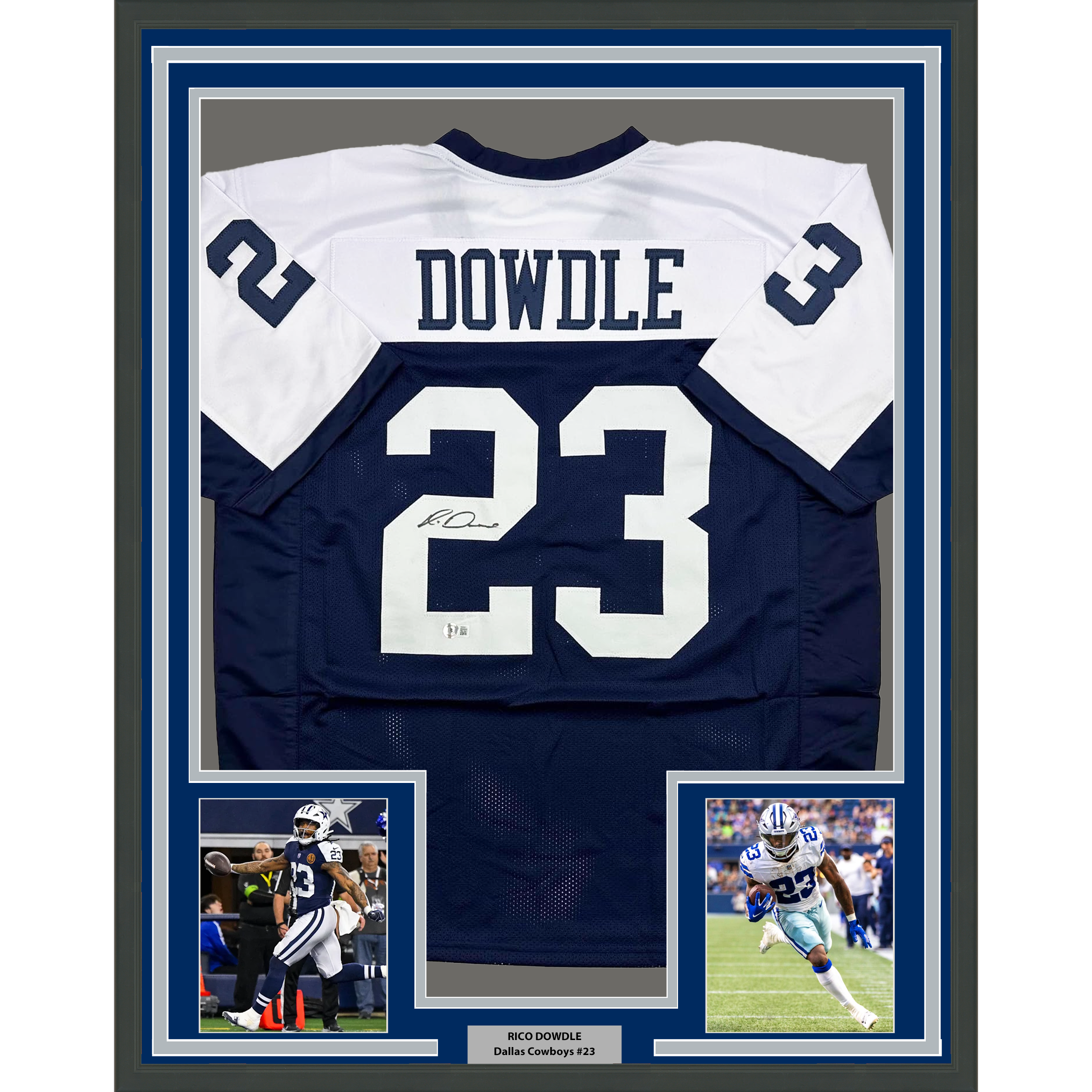 Framed Autographed/Signed Rico Dowdle 35x39 Dallas Thanksgiving Day Football Jersey Beckett BAS COA