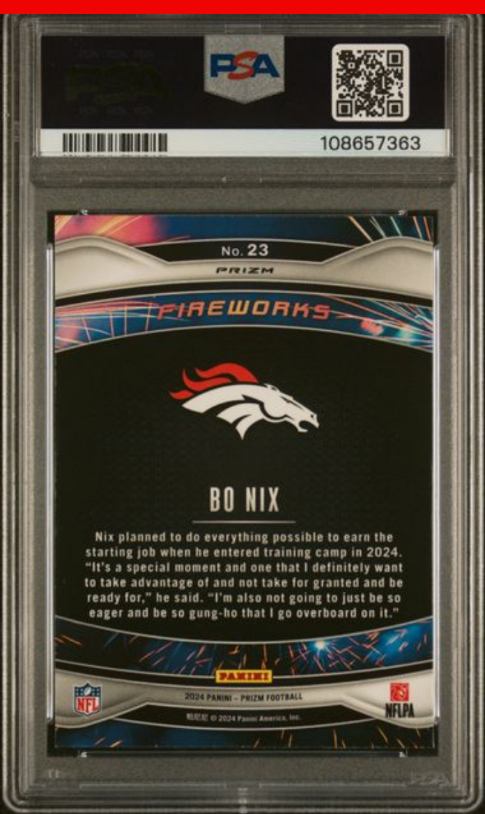 Graded 2024 Panini Prizm Bo Nix #23 Fireworks Green Prizm Rookie RC Football Card PSA 10 Gem Mint