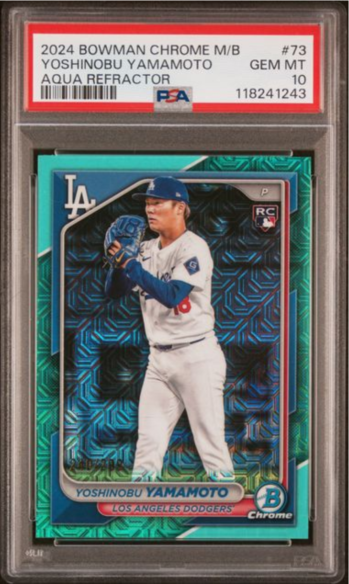 Graded 2024 Topps Bowman Chrome Mega Box Yoshinobu Yamamoto #73 Aqua Refractor Rookie RC Baseball Card PSA 10 Gem Mint