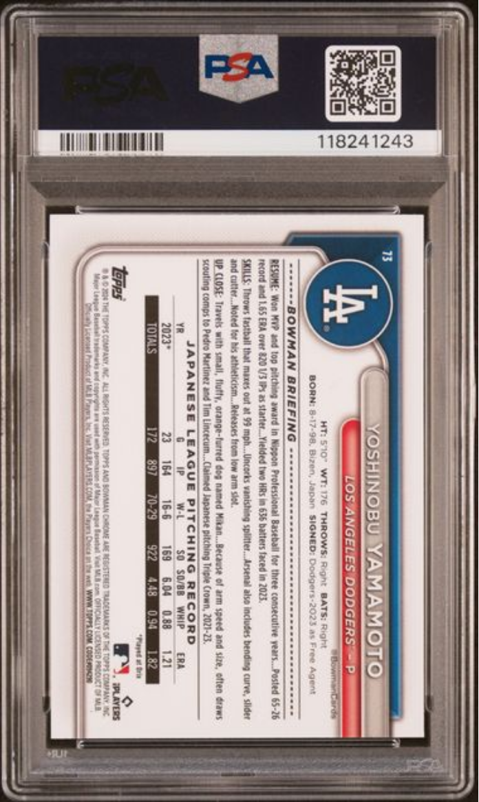 Graded 2024 Topps Bowman Chrome Mega Box Yoshinobu Yamamoto #73 Aqua Refractor Rookie RC Baseball Card PSA 10 Gem Mint