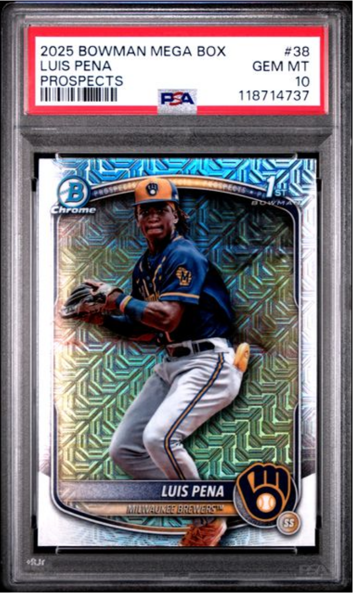 Graded 2025 Topps Bowman Mega Box Luis Pena #38 Prospects Rookie RC Baseball Card PSA 10 Gem Mint