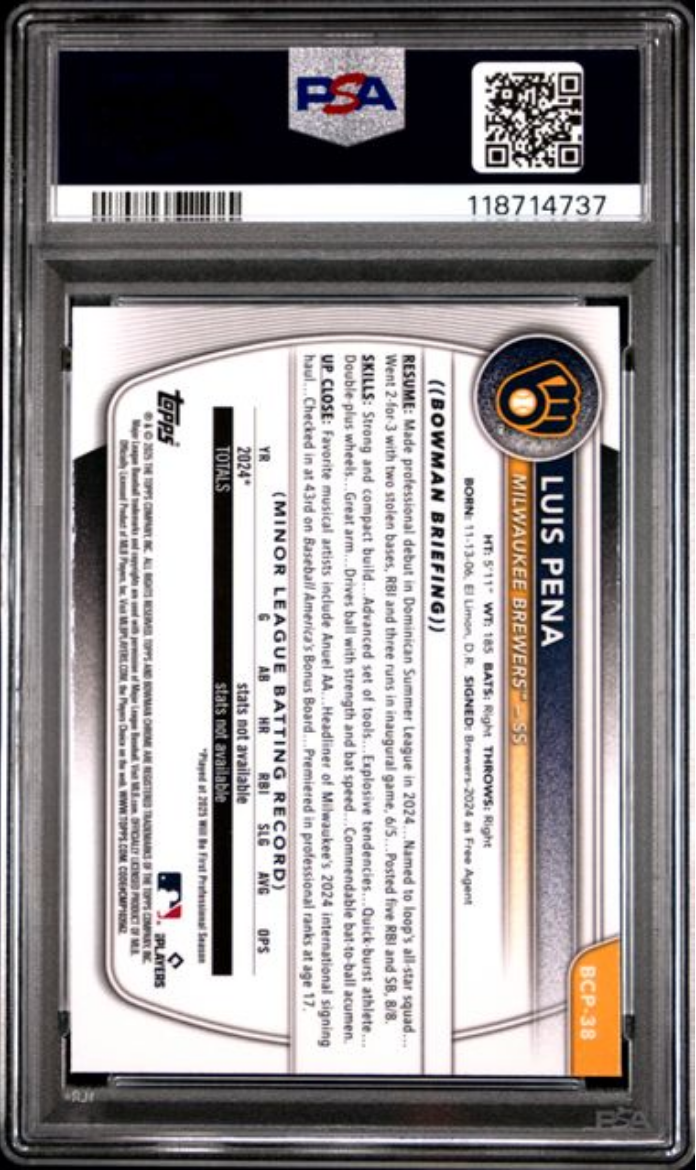 Graded 2025 Topps Bowman Mega Box Luis Pena #38 Prospects Rookie RC Baseball Card PSA 10 Gem Mint