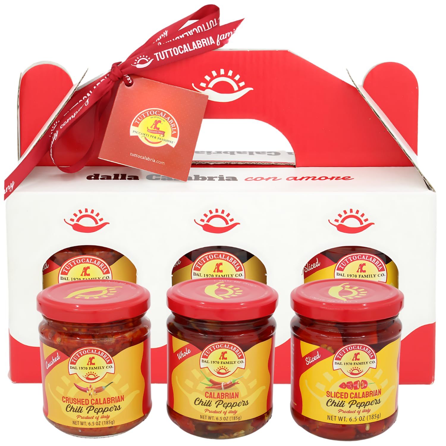 TuttoCalabria Calabrian Chili Pepper Gift Set – Hot Whole, Crushed and Sliced – 3 x 6.5 oz Jars