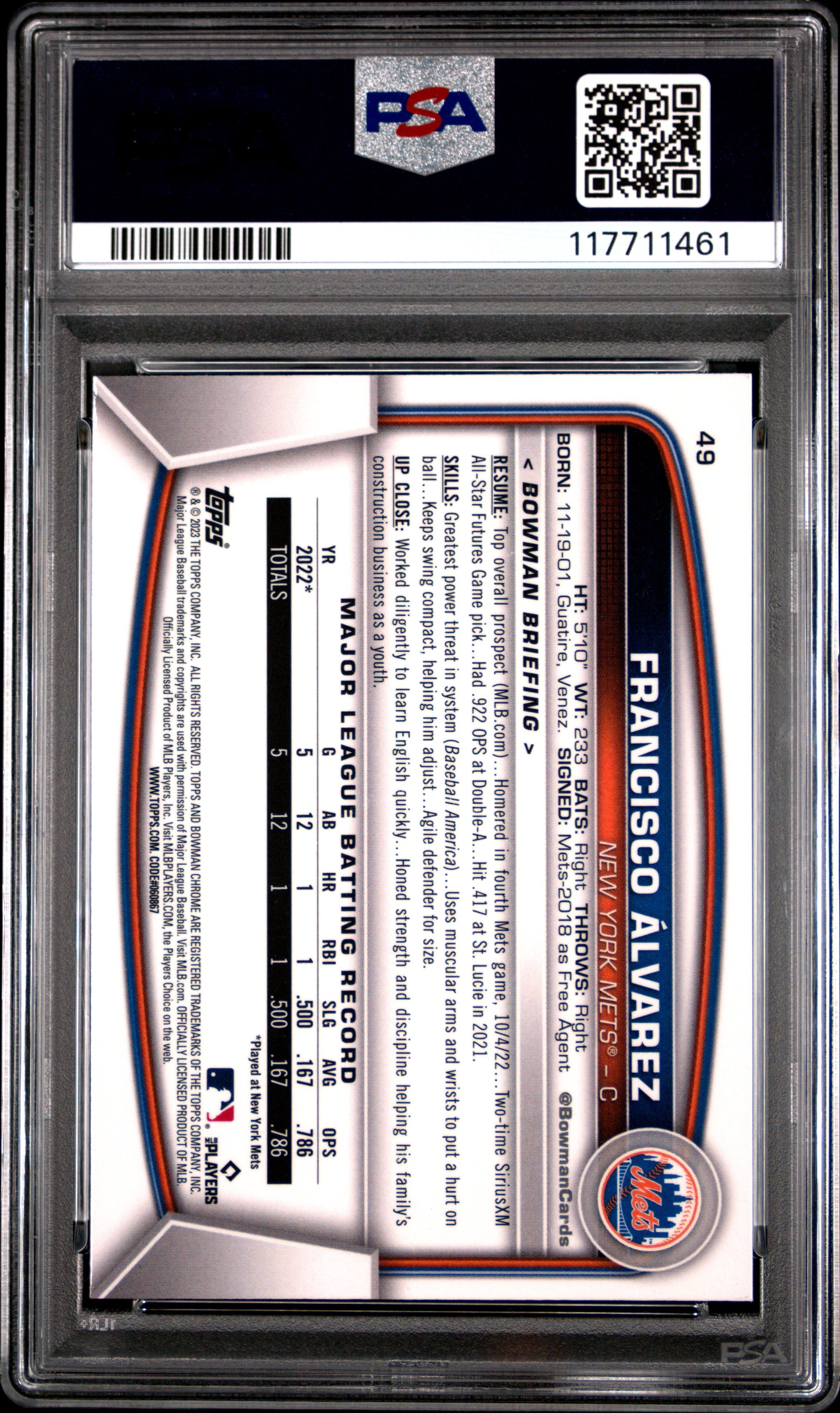 Graded 2023 Topps Bowman Mega Box Francisco Alvarez #49 Chrome Rookie RC Baseball Card PSA 10 Gem Mint