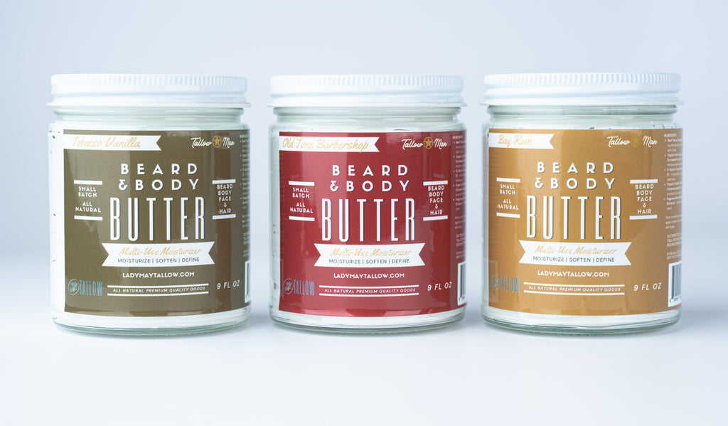 Tallow Man Beard Butter 9oz Trio – Men's Grooming Gift Set | Bay Rum, Tobacco Vanilla, Barbershop