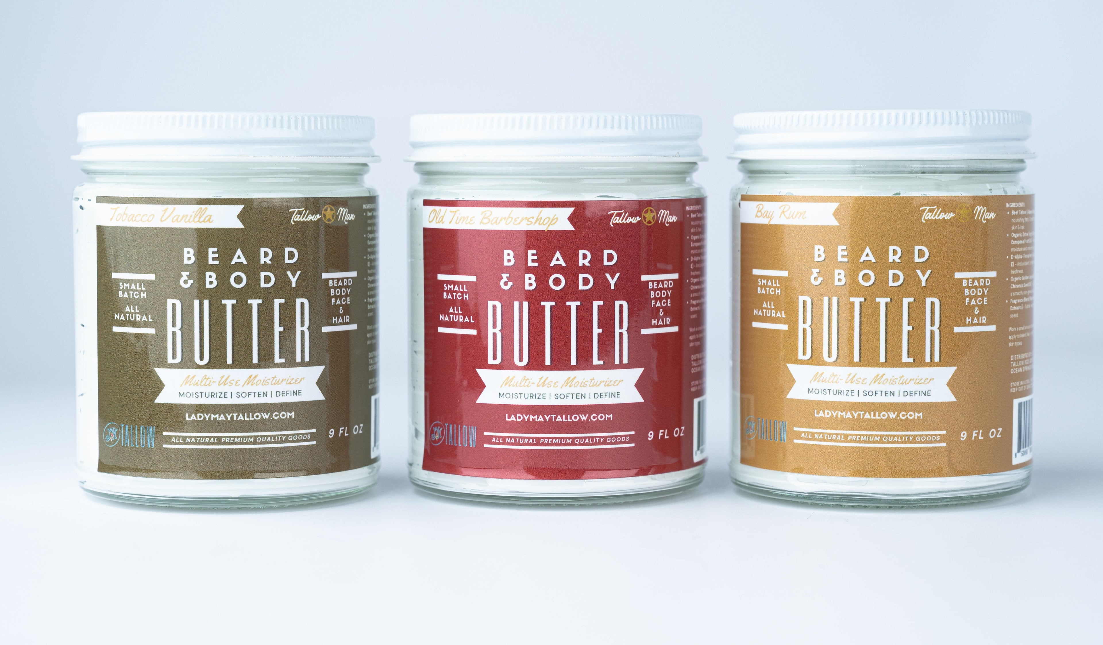 Tallow Man Beard Butter 9oz Trio – Men's Grooming Gift Set | Bay Rum, Tobacco Vanilla, Barbershop