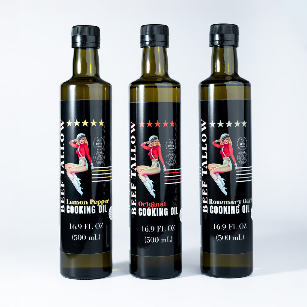 Lady May Tallow Cooking Oil Trio Bundle | Grass-Fed Beef Tallow & Olive Oil | Original, Rosemary Garlic & Lemon Pepper | Clean High-Heat Cooking from Our Restaurant Kitchen