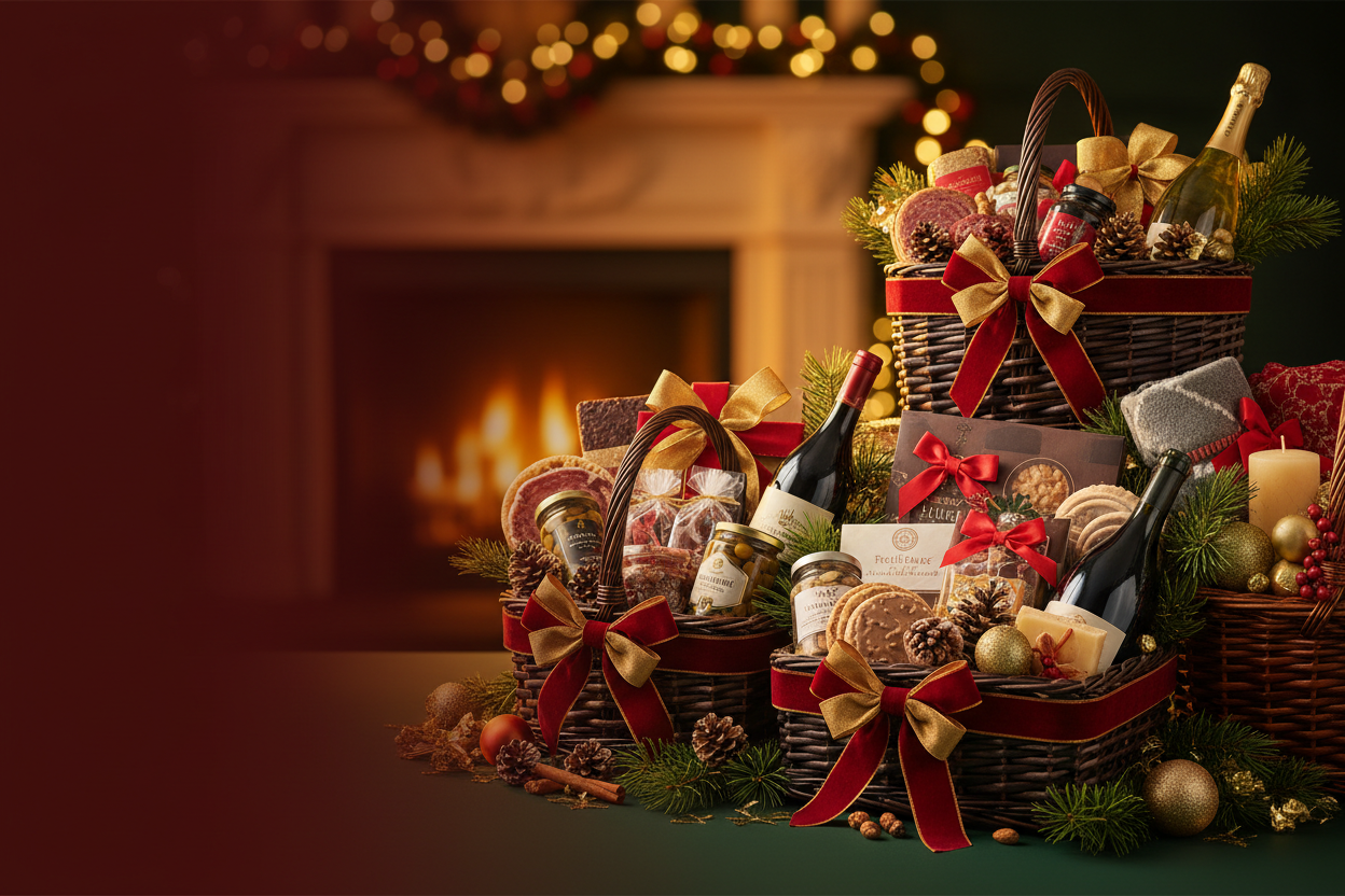 Design a high-converting hero image for holiday and seasonal gift/gift basket promotions, including Cyber Monday week, for an e-commerce website.