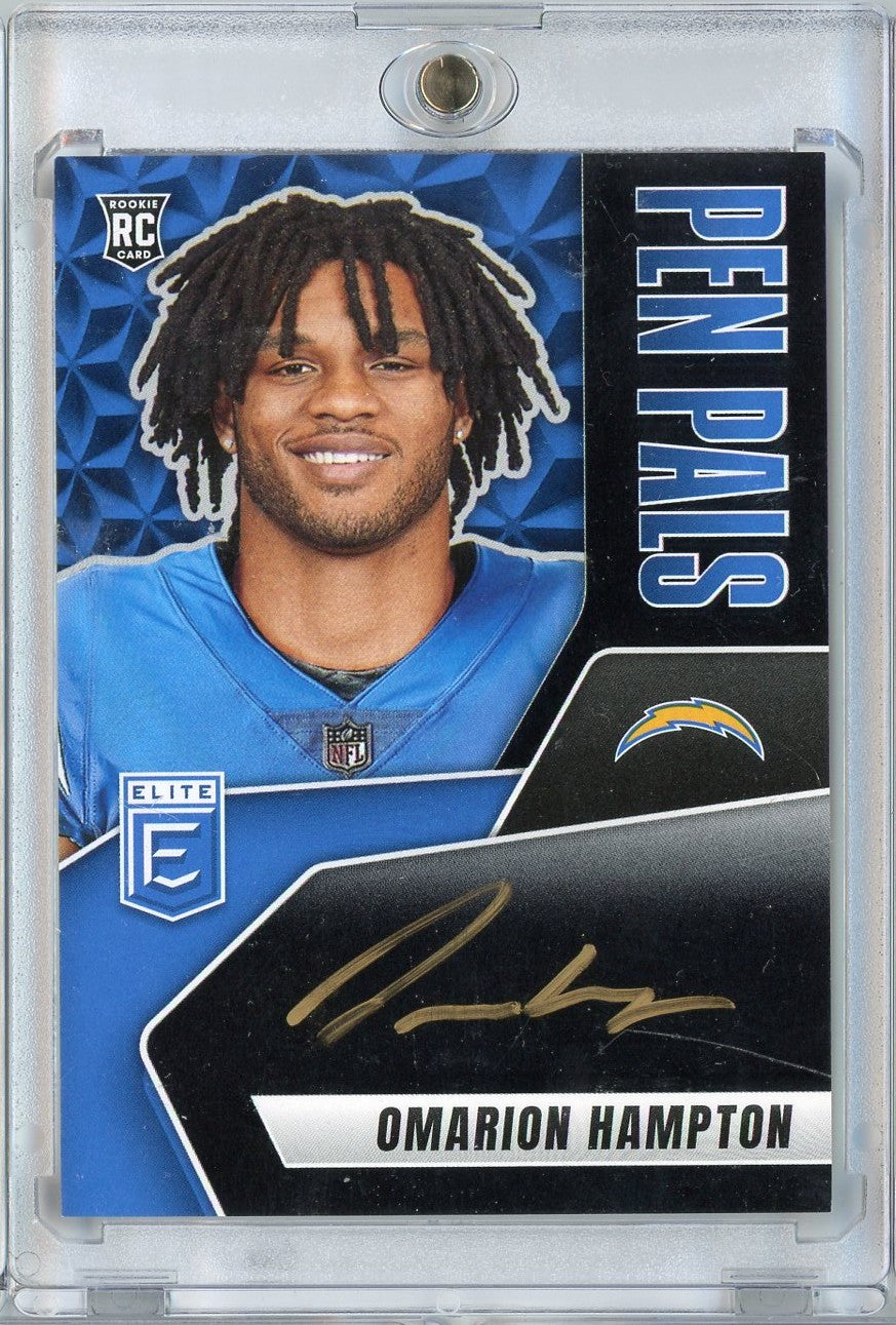 2025 Donruss Elite Pen Pals Vertical Omarion Hampton #PPVOHA Black Gold Ink Auto Rookie RC Football Card