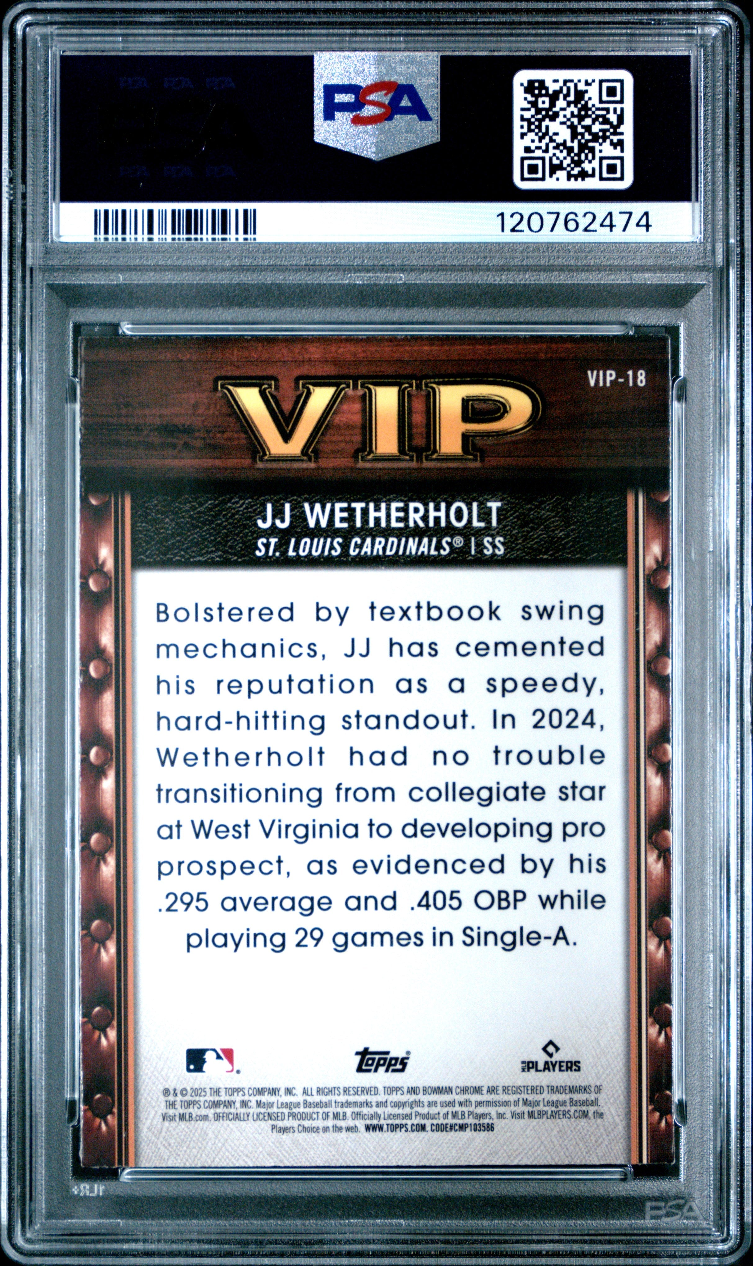 Graded 2025 Topps Bowman Mega Box JJ Wetherholt #VIP18 Very Important Prospects Rookie RC Baseball Card PSA 10 Gem Mint