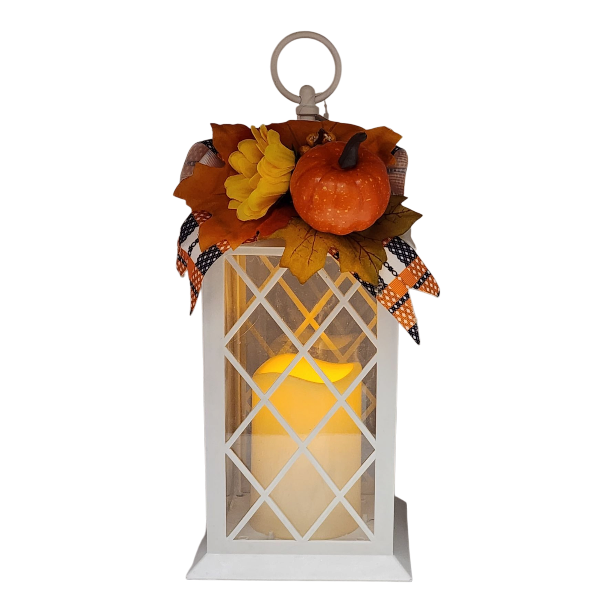Harvest Lantern with Flickering LED Candle - White